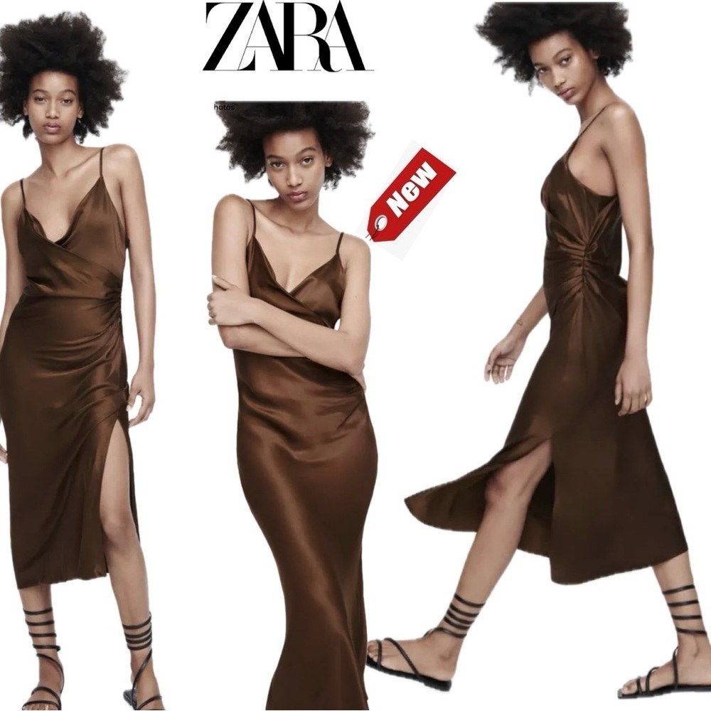 Zara chocolate brown satin effect spaghetti strap V-neck slip dress side slit L